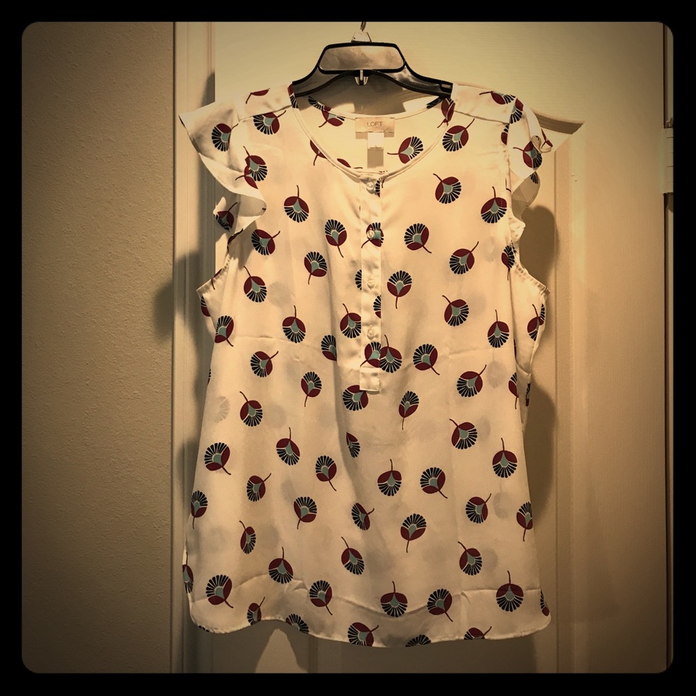 LOFT White Print Ruffle Sleeve Button front Blouse